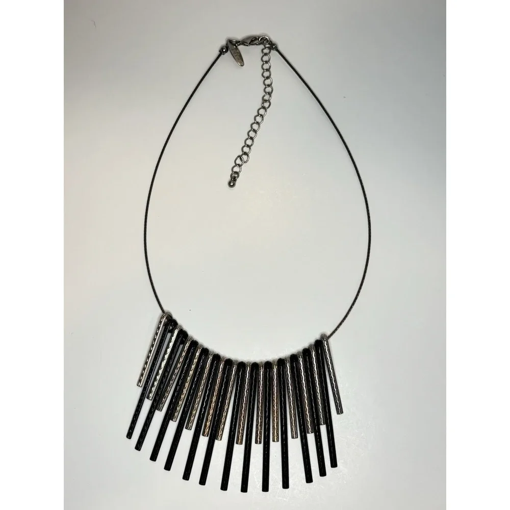 Bar Fringe Statement Necklace Modern Geometric Black Silver Tone 20